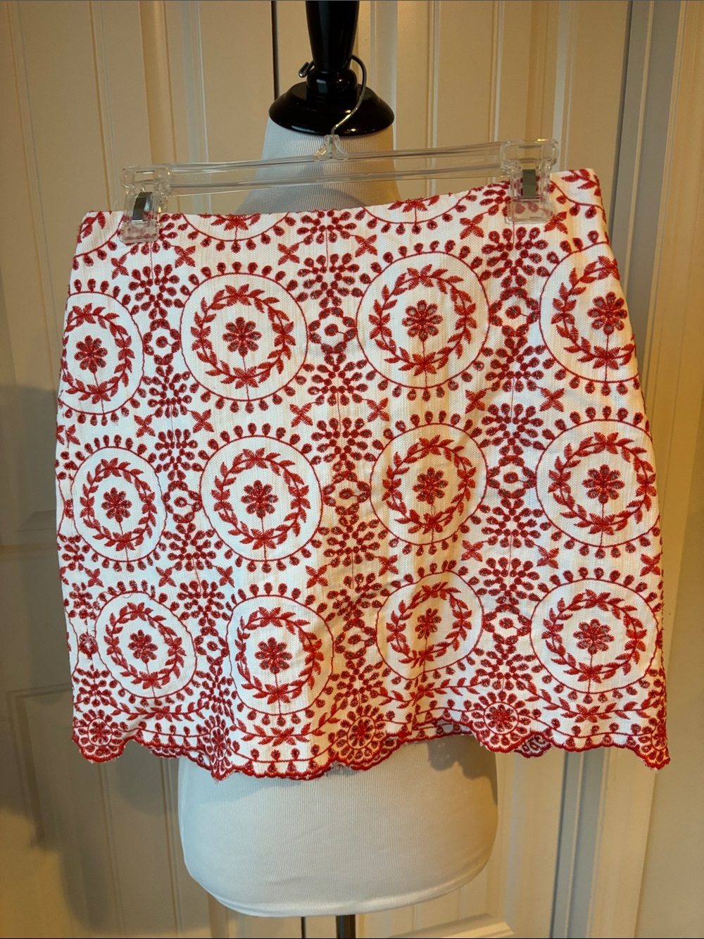 LOFT Orange and White Embroidered Circle-Pattern Skirt